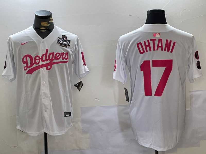 Mens Los Angeles Dodgers #17 Shohei Ohtani Number White Pink 2024 World Series Limited Cool Base Stitched Jerseys